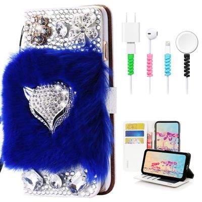 STENES Bling Wallet Case Compatible with iPod Touch 7th Gen (2019) - Stylish - 3D Handmade Luxury Fox Flowers Design Leather Cover with Cable Protector [4 Pack] - Blue