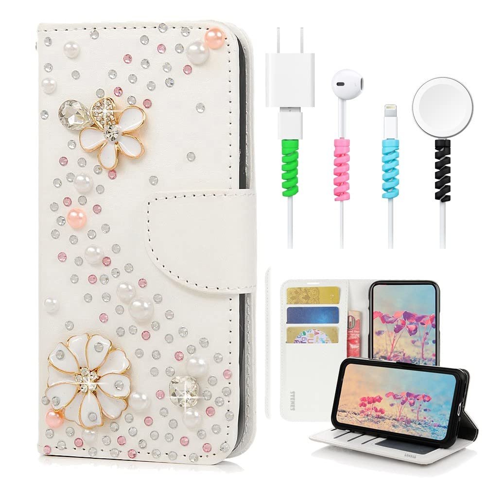 STENES Bling Wallet Case Compatible with iPod Touch 7th Gen (2019) - Stylish - 3D Handmade S-Link Flowers Design Leather Cover with Cable Protector [4 Pack] - White