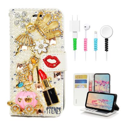 STENES Bling Wallet Case Compatible with iPod Touch 7th Gen (2019) - Stylish - 3D Handmade Crown Ballet Girls Lipstick High Heel Pumpkin Car Leather Cover with Cable Protector [4 Pack] - Red