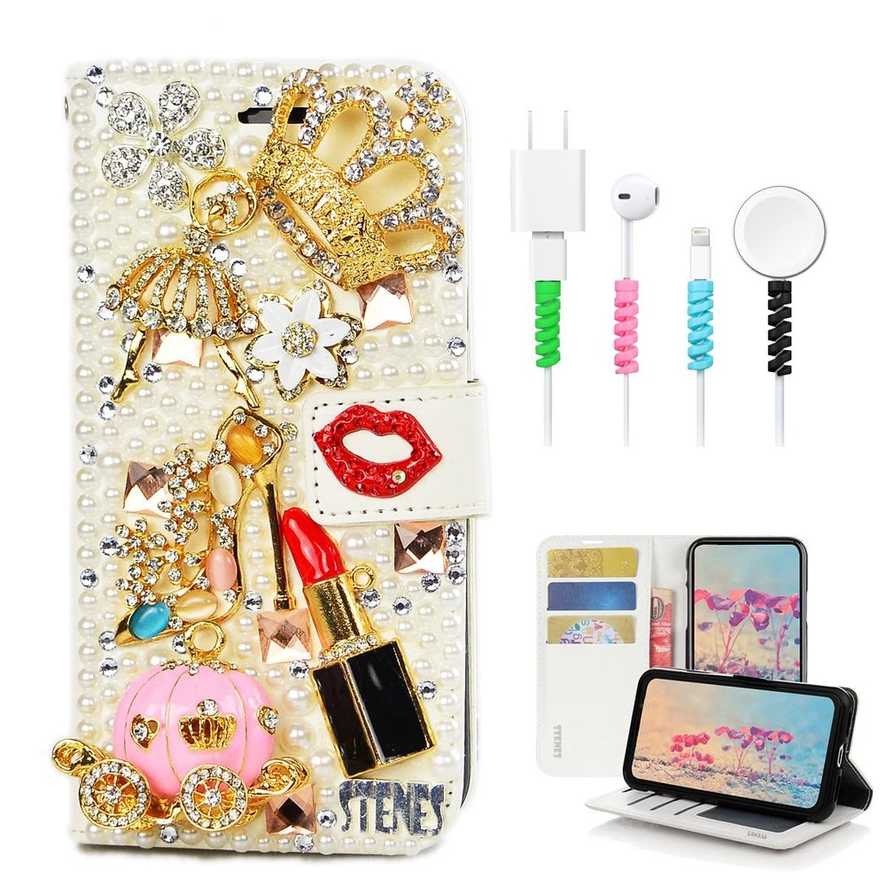 STENES Bling Wallet Case Compatible with iPod Touch 7th Gen (2019) - Stylish - 3D Handmade Crown Ballet Girls Lipstick High Heel Pumpkin Car Leather Cover with Cable Protector [4 Pack] - Red