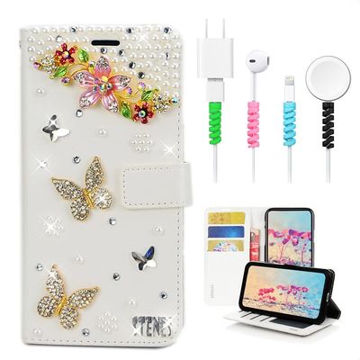 STENES Bling Wallet Case Compatible with iPod Touch 7th Gen (2019) - Stylish - 3D Handmade Floral Butterfly Flowers Leather Cover with Cable Protector [4 Pack] - Colorful