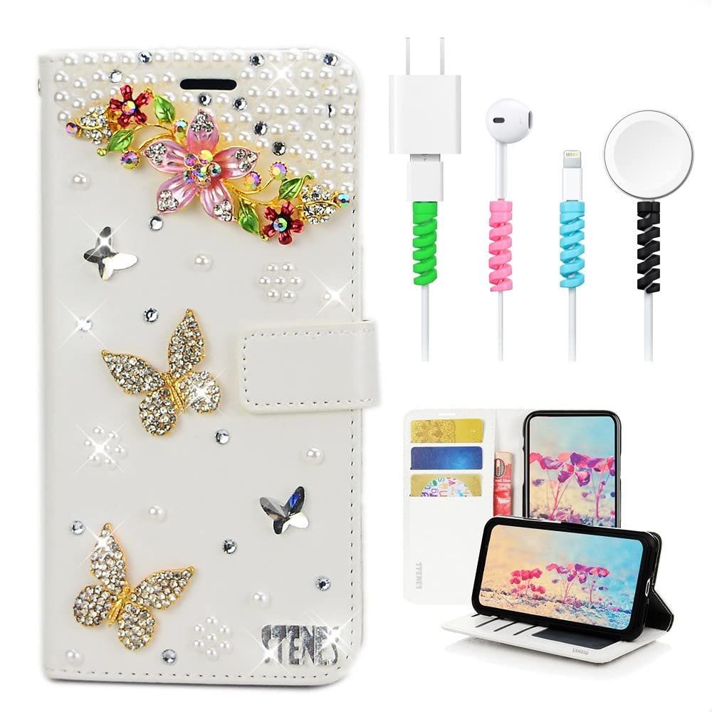 STENES Bling Wallet Case Compatible with iPod Touch 7th Gen (2019) - Stylish - 3D Handmade Floral Butterfly Flowers Leather Cover with Cable Protector [4 Pack] - Colorful