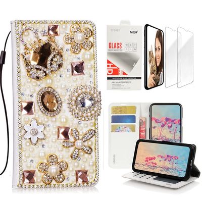 STENES Bling Wallet Case Compatible with iPod Touch 7th Gen (2019) - Stylish - 3D Handmade Bag Flowers Floral Design Leather Case with Wrist Strap & Screen Protector [2 Pack] - Gold