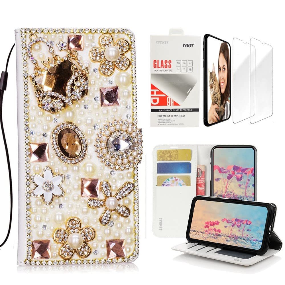 STENES Bling Wallet Case Compatible with iPod Touch 7th Gen (2019) - Stylish - 3D Handmade Bag Flowers Floral Design Leather Case with Wrist Strap & Screen Protector [2 Pack] - Gold