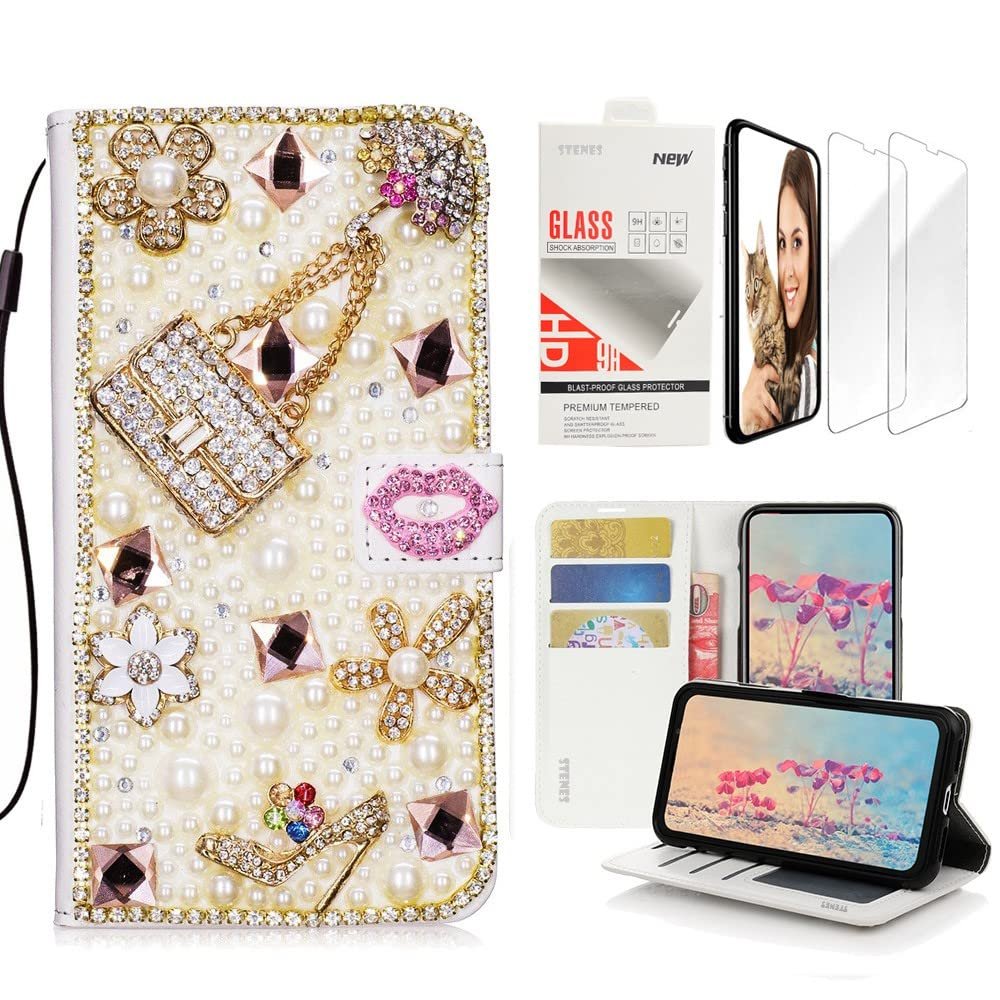 STENES Bling Wallet Case Compatible with iPod Touch 7th Gen (2019) - Stylish - 3D Handmade Girls Bags High Heel Lips Flowers Leather Case with Wrist Strap & Screen Protector [2 Pack] - Pink