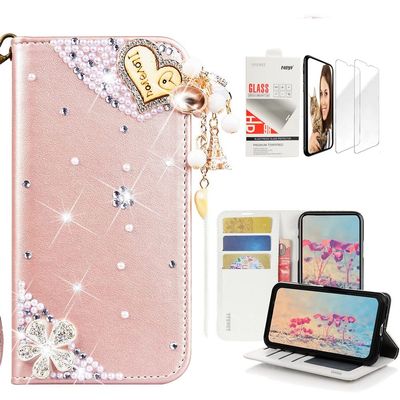 STENES Bling Wallet Case Compatible with iPod Touch 7th Gen (2019) - Stylish - 3D Handmade Heart Pendant Flowers Design Leather Case with Wrist Strap & Screen Protector [2 Pack] - Pink