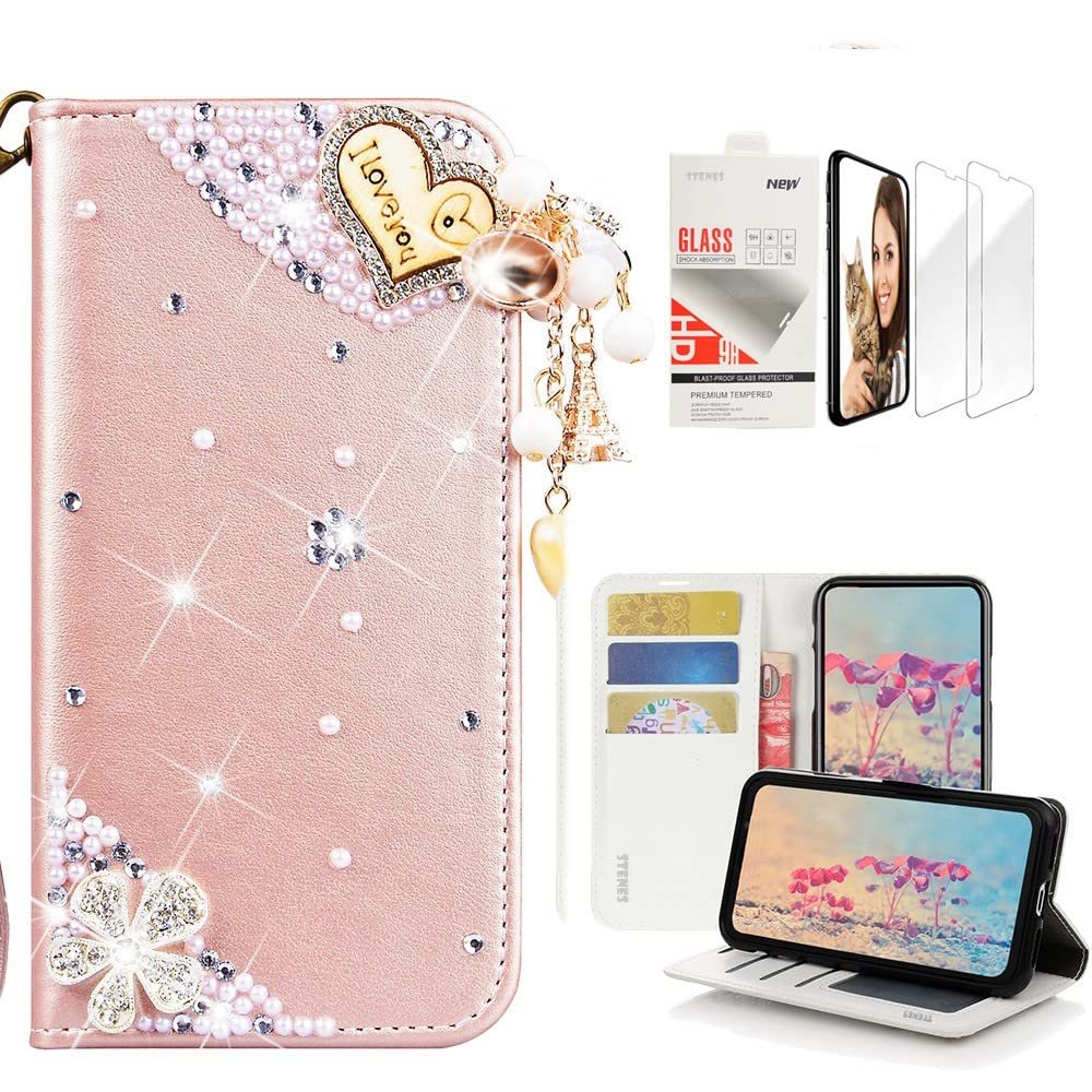 STENES Bling Wallet Case Compatible with iPod Touch 7th Gen (2019) - Stylish - 3D Handmade Heart Pendant Flowers Design Leather Case with Wrist Strap & Screen Protector [2 Pack] - Pink