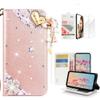 STENES Bling Wallet Case Compatible with iPod Touch 7th Gen (2019) - Stylish - 3D Handmade Heart Pendant Flowers Design Leather Case with Wrist Strap & Screen Protector [2 Pack] - Pink view 1