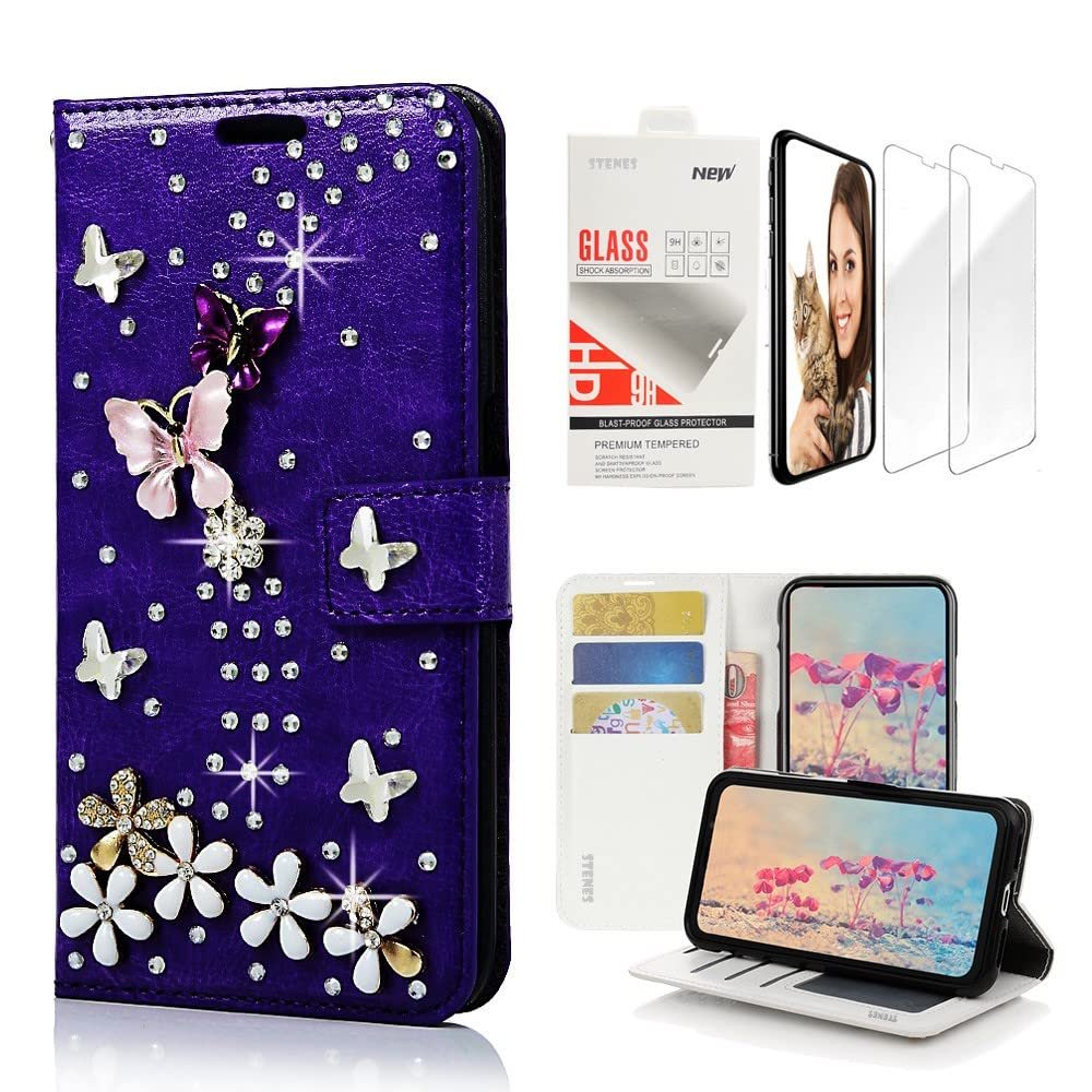 STENES Bling Wallet Case Compatible with iPod Touch 7th Gen (2019) - Stylish - 3D Handmade S-Link Butterfly Floral Leather Case with Wrist Strap & Screen Protector [2 Pack] - Purple