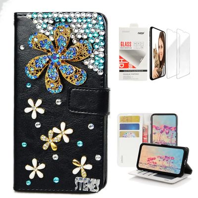STENES Bling Wallet Case Compatible with iPod Touch 7th Gen (2019) - Stylish - 3D Handmade Windmill Flowers Floral Design Leather Case with Wrist Strap & Screen Protector [2 Pack] - Blue
