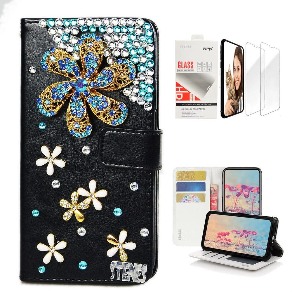STENES Bling Wallet Case Compatible with iPod Touch 7th Gen (2019) - Stylish - 3D Handmade Windmill Flowers Floral Design Leather Case with Wrist Strap & Screen Protector [2 Pack] - Blue