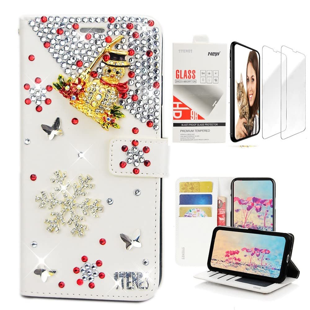 STENES Bling Wallet Case Compatible with iPod Touch 7th Gen (2019) - Stylish - 3D Handmade Snowman Snow Design Leather Case with Wrist Strap & Screen Protector [2 Pack] - White