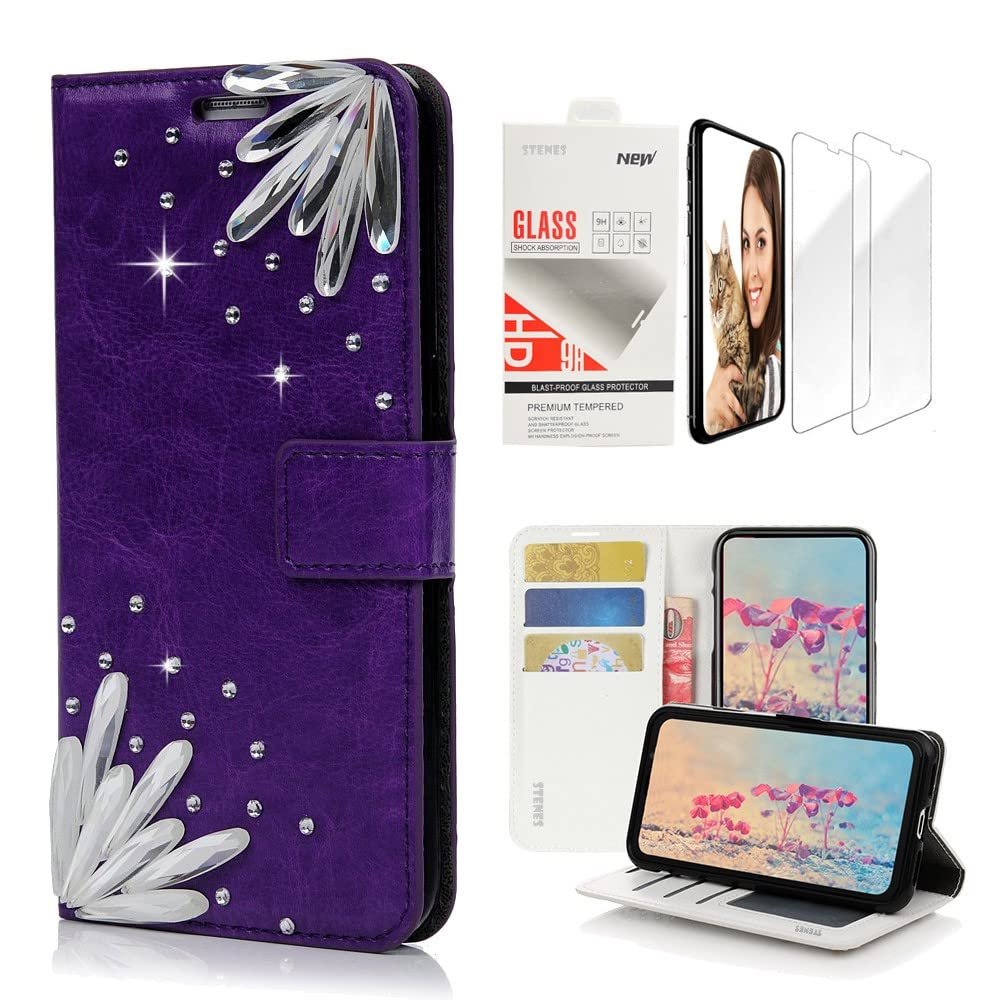 STENES Bling Wallet Case Compatible with iPod Touch 7th Gen (2019) - Stylish - 3D Handmade Pretty Stones Design Leather Case with Wrist Strap & Screen Protector [2 Pack] - Purple