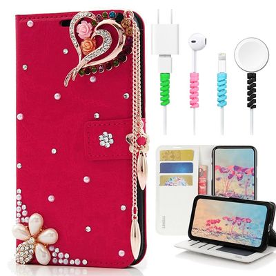 STENES Bling Wallet Case Compatible with iPod Touch 7th Gen (2019) - Stylish - 3D Handmade Rose Heart Pendant Flowers Leather Cover with Cable Protector [4 Pack] - Red