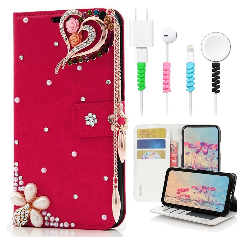 STENES Bling Wallet Case Compatible with iPod Touch 7th Gen (2019) - Stylish - 3D Handmade Rose Heart Pendant Flowers Leather Cover with Cable Protector [4 Pack] - Red