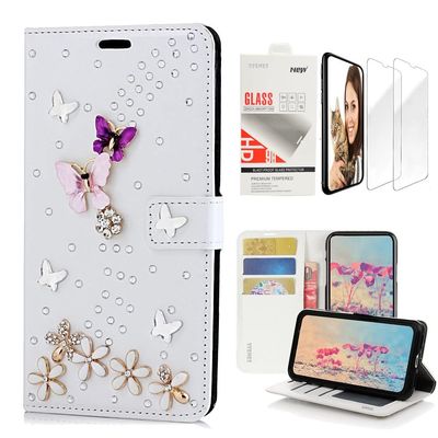 STENES Bling Wallet Case Compatible with iPod Touch 7th Gen (2019) - Stylish - 3D Handmade S-Link Butterfly Floral Design Leather Case with Wrist Strap & Screen Protector [2 Pack] - White