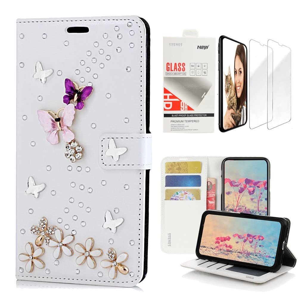 STENES Bling Wallet Case Compatible with iPod Touch 7th Gen (2019) - Stylish - 3D Handmade S-Link Butterfly Floral Design Leather Case with Wrist Strap & Screen Protector [2 Pack] - White