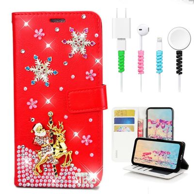 STENES Bling Wallet Case Compatible with iPod Touch 7th Gen (2019) - Stylish - 3D Handmade Snow Santa Claus Elk Design Leather Cover with Cable Protector [4 Pack] - Red