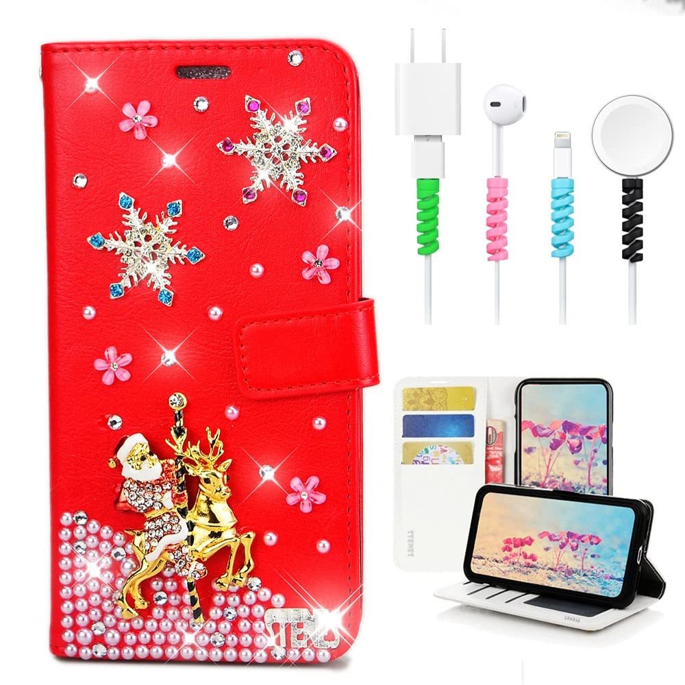 STENES Bling Wallet Case Compatible with iPod Touch 7th Gen (2019) - Stylish - 3D Handmade Snow Santa Claus Elk Design Leather Cover with Cable Protector [4 Pack] - Red