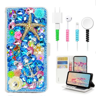 STENES Bling Wallet Case Compatible with iPod Touch 7th Gen (2019) - Stylish - 3D Handmade Starfish Mermaid Anchor Flower Leather Cover with Cable Protector [4 Pack] - Navy Blue