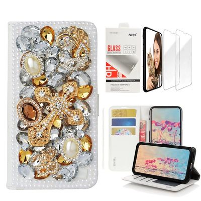 STENES Bling Wallet Case Compatible with iPod Touch 7th Gen (2019) - Stylish - 3D Handmade Mask Cross Design Leather Case with Wrist Strap & Screen Protector [2 Pack] - Gold