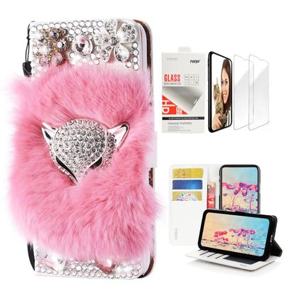 STENES Bling Wallet Case Compatible with iPod Touch 7th Gen (2019) - Stylish - 3D Handmade Luxury Fox Flowers Design Leather Case with Wrist Strap & Screen Protector [2 Pack] - Pink