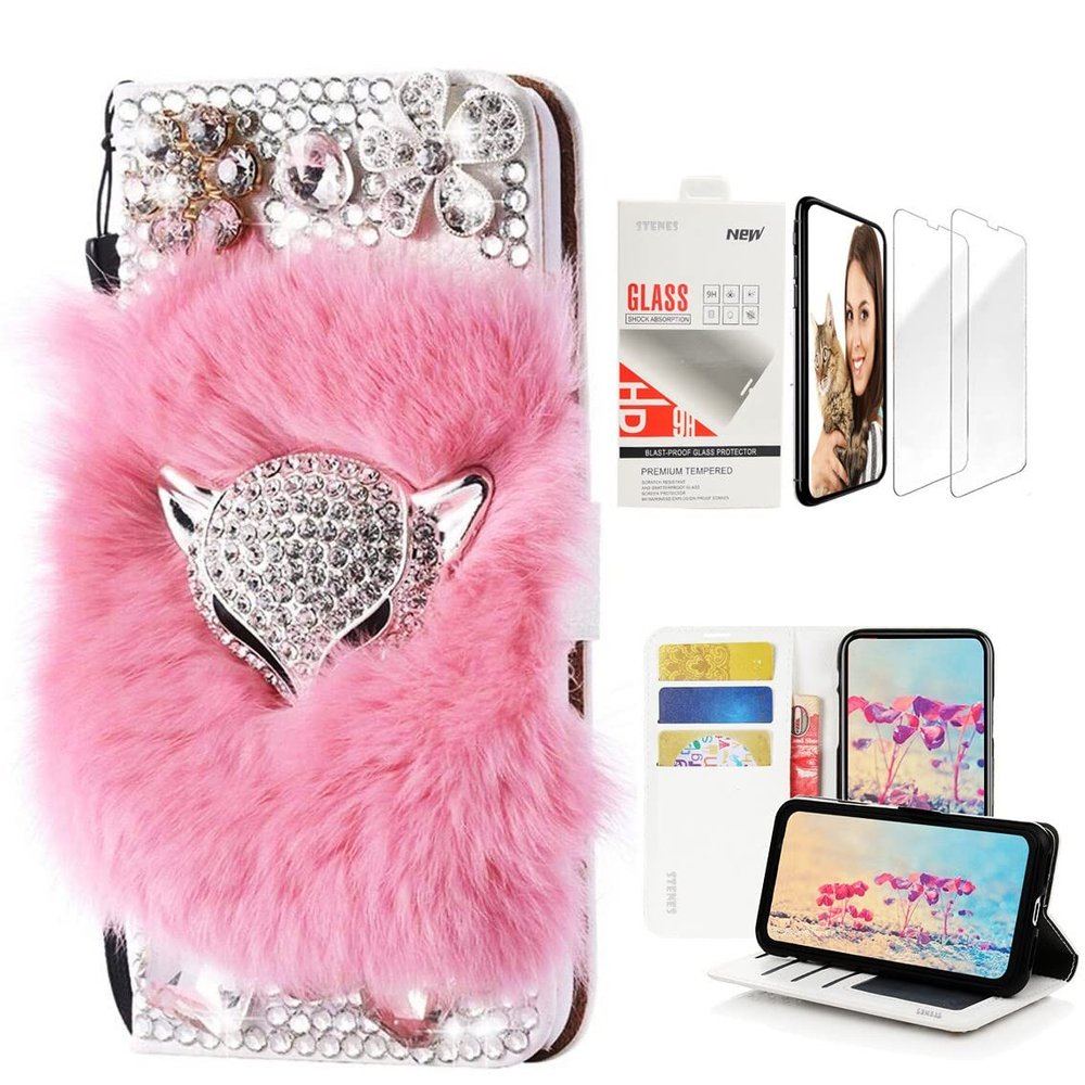 STENES Bling Wallet Case Compatible with iPod Touch 7th Gen (2019) - Stylish - 3D Handmade Luxury Fox Flowers Design Leather Case with Wrist Strap & Screen Protector [2 Pack] - Pink