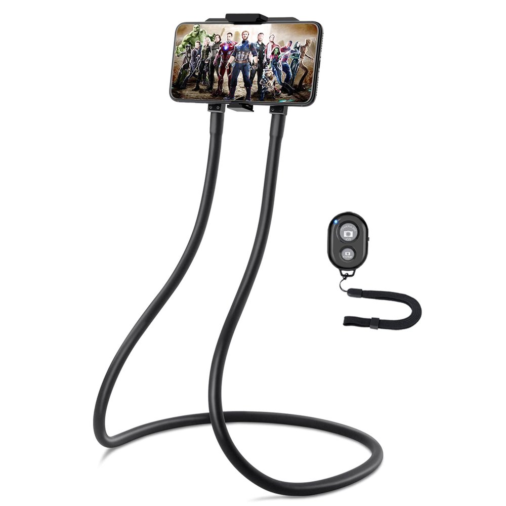 B-Land Upgrade Phone Holder for Bed, Neck Phone Holder Gooseneck Cell Phone Holders, Universal Mobile Phone Stand with Remote for Taking Videos & Group Photos (Black)