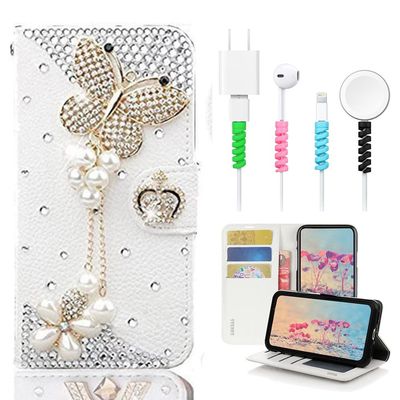 STENES Bling Wallet Case Compatible with iPod Touch 7th Gen (2019) - Stylish - 3D Handmade Butterfly Pearl Pendant Design Leather Cover with Cable Protector [4 Pack] - White