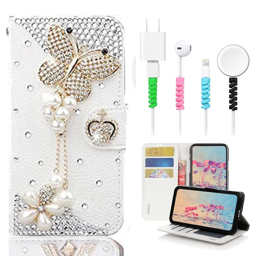 STENES Bling Wallet Case Compatible with iPod Touch 7th Gen (2019) - Stylish - 3D Handmade Butterfly Pearl Pendant Design Leather Cover with Cable Protector [4 Pack] - White