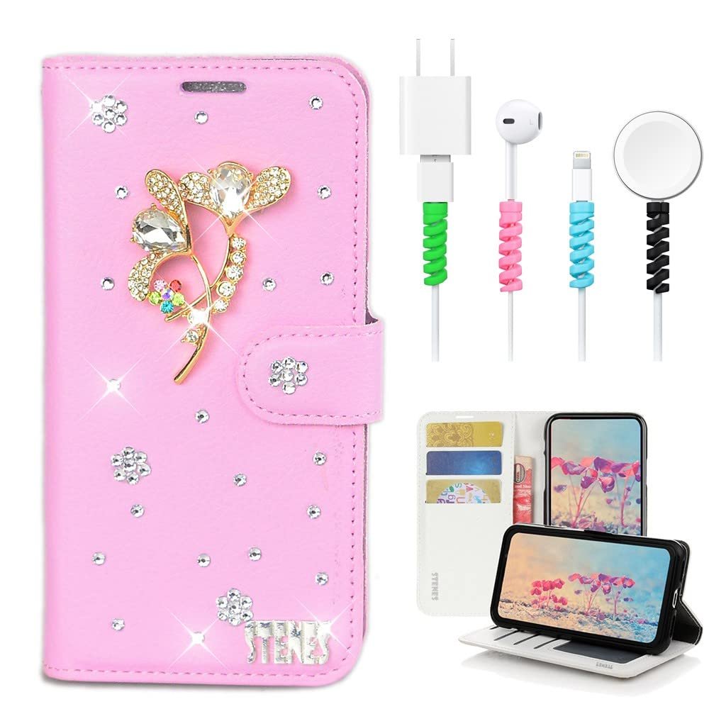 STENES Bling Wallet Case Compatible with iPod Touch 7th Gen (2019) - Stylish - 3D Handmade Luxury Flowers Design Leather Cover with Cable Protector [4 Pack] - Pink