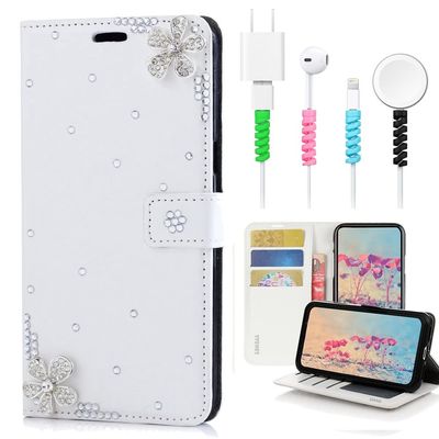 STENES Bling Wallet Case Compatible with iPod Touch 7th Gen (2019) - Stylish - 3D Handmade Flowers Design Leather Cover with Cable Protector [4 Pack] - White