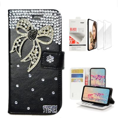 STENES Bling Wallet Case Compatible with iPod Touch 7th Gen (2019) - Stylish - 3D Handmade Bowknot Design Leather Case with Wrist Strap & Screen Protector [2 Pack] - Black
