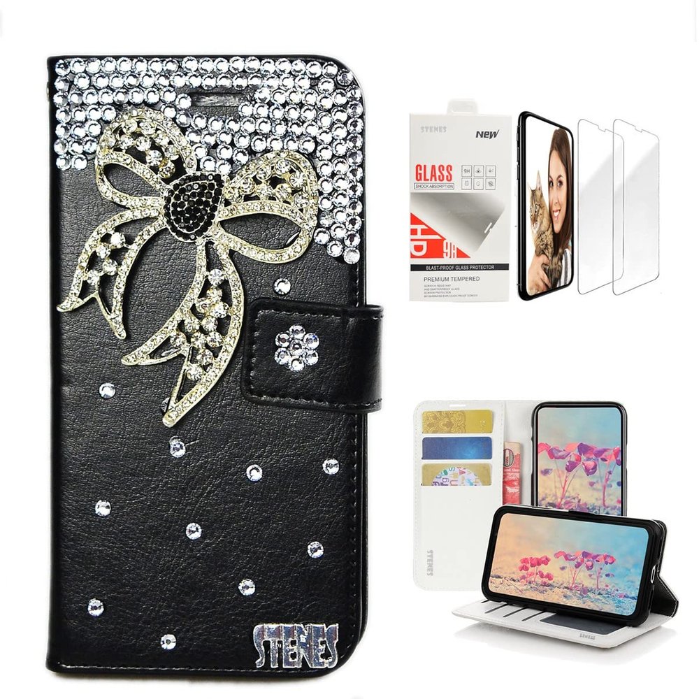STENES Bling Wallet Case Compatible with iPod Touch 7th Gen (2019) - Stylish - 3D Handmade Bowknot Design Leather Case with Wrist Strap & Screen Protector [2 Pack] - Black