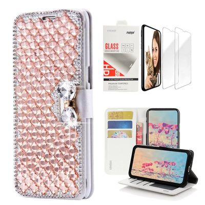 STENES Bling Wallet Case Compatible with iPod Touch 7th Gen (2019) - Stylish - 3D Handmade Lattice Bowknot Leather Case with Wrist Strap & Screen Protector [2 Pack] - Champagne