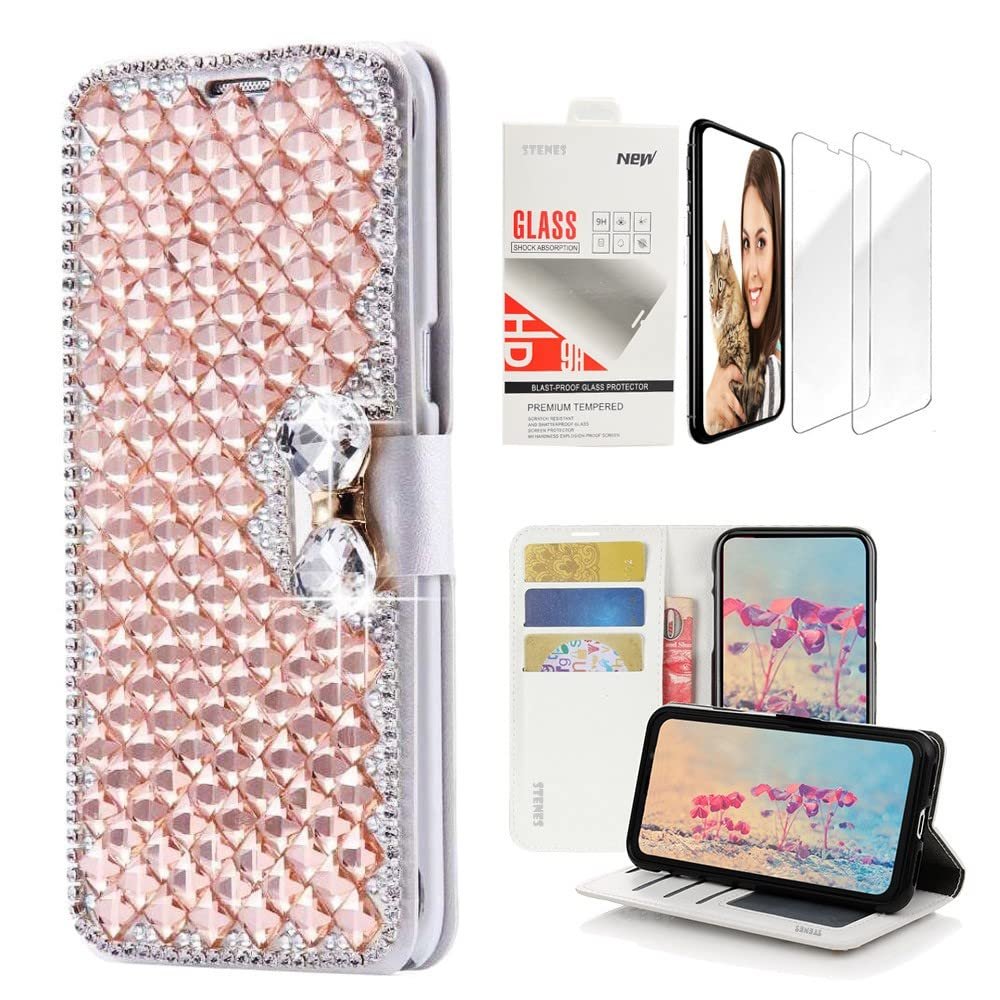 STENES Bling Wallet Case Compatible with iPod Touch 7th Gen (2019) - Stylish - 3D Handmade Lattice Bowknot Leather Case with Wrist Strap & Screen Protector [2 Pack] - Champagne