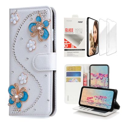 STENES Bling Wallet Case Compatible with iPod Touch 7th Gen (2019) - Stylish - 3D Handmade S-Link Flowers Butterfly Design Leather Case with Wrist Strap & Screen Protector [2 Pack] - Blue