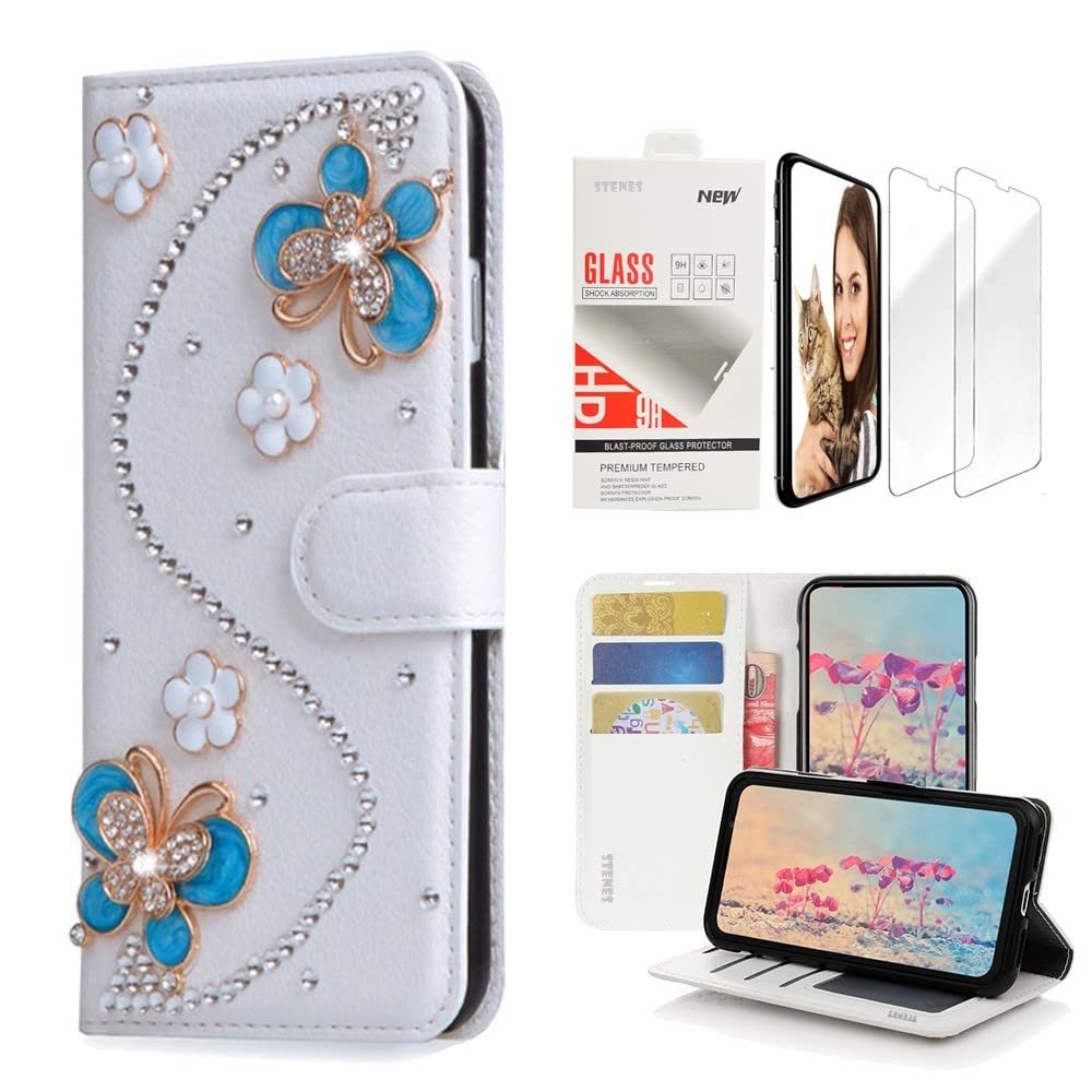 STENES Bling Wallet Case Compatible with iPod Touch 7th Gen (2019) - Stylish - 3D Handmade S-Link Flowers Butterfly Design Leather Case with Wrist Strap & Screen Protector [2 Pack] - Blue