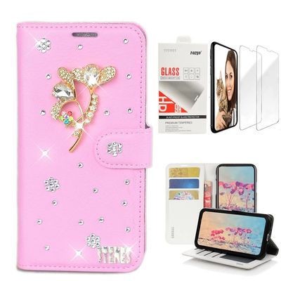 STENES Bling Wallet Case Compatible with iPod Touch 7th Gen (2019) - Stylish - 3D Handmade Luxury Flowers Design Leather Case with Wrist Strap & Screen Protector [2 Pack] - Pink