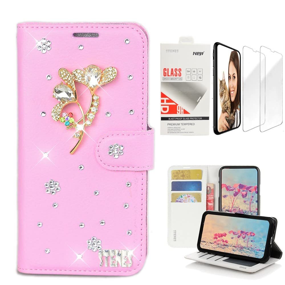 STENES Bling Wallet Case Compatible with iPod Touch 7th Gen (2019) - Stylish - 3D Handmade Luxury Flowers Design Leather Case with Wrist Strap & Screen Protector [2 Pack] - Pink