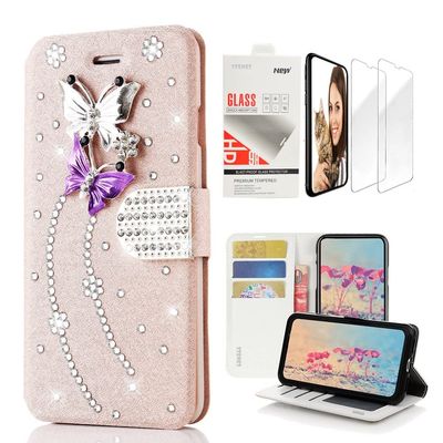 STENES Bling Wallet Case Compatible with iPod Touch 7th Gen (2019) - Stylish - 3D Handmade Dance Butterfly Design Leather Case with Wrist Strap & Screen Protector [2 Pack] - Pink