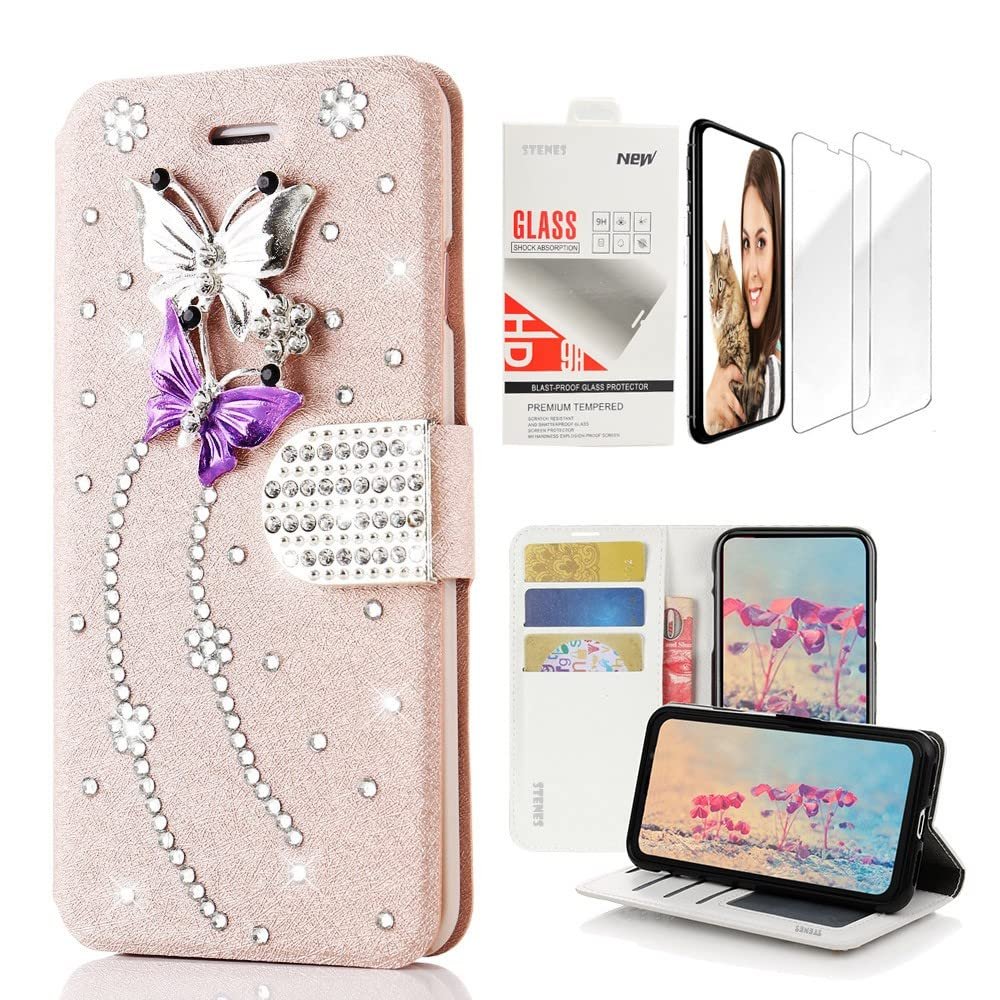 STENES Bling Wallet Case Compatible with iPod Touch 7th Gen (2019) - Stylish - 3D Handmade Dance Butterfly Design Leather Case with Wrist Strap & Screen Protector [2 Pack] - Pink