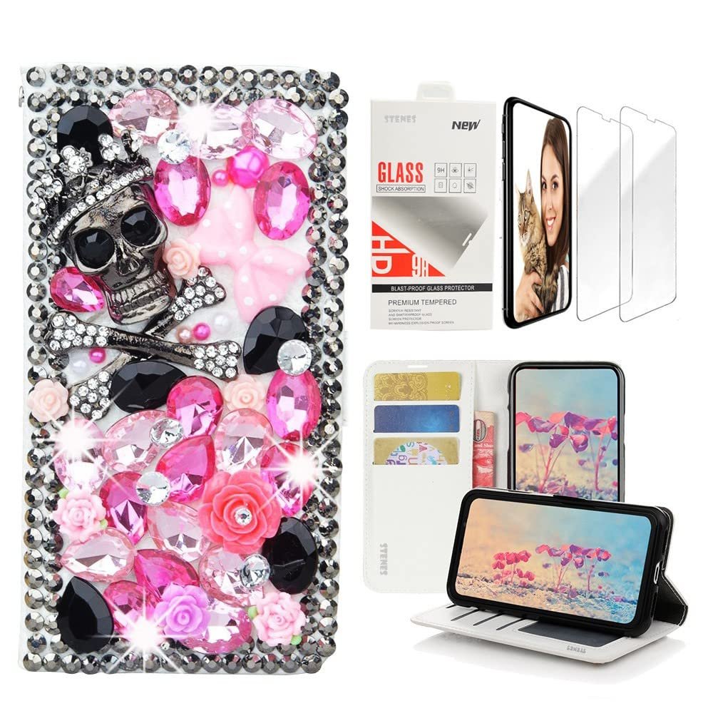 STENES Bling Wallet Case Compatible with iPod Touch 7th Gen (2019) - Stylish - 3D Handmade Skull Rose Flowers Design Leather Case with Wrist Strap & Screen Protector [2 Pack] - Pink
