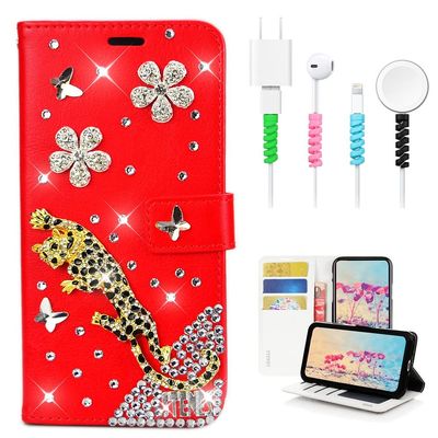 STENES Bling Wallet Case Compatible with iPod Touch 7th Gen (2019) - Stylish - 3D Handmade Leopard Butterfly Floral Flowers Leather Cover with Cable Protector [4 Pack] - Red