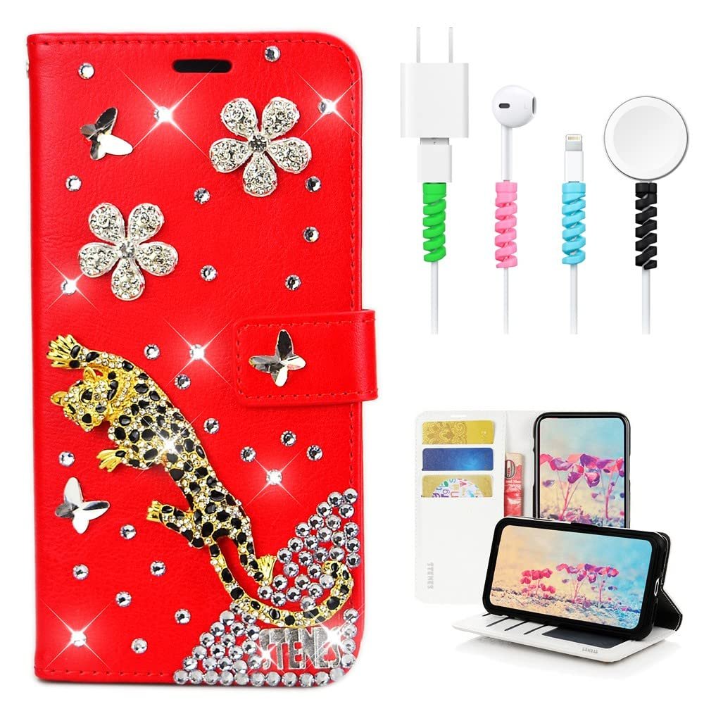 STENES Bling Wallet Case Compatible with iPod Touch 7th Gen (2019) - Stylish - 3D Handmade Leopard Butterfly Floral Flowers Leather Cover with Cable Protector [4 Pack] - Red
