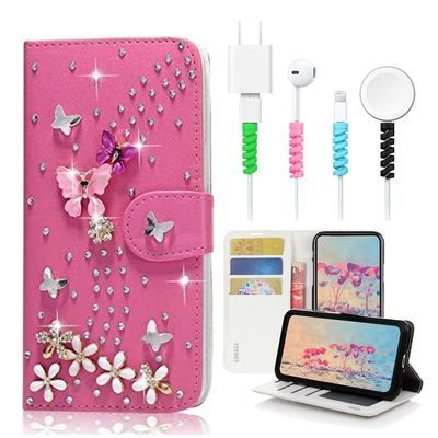 STENES Bling Wallet Case Compatible with iPod Touch 7th Gen (2019) - Stylish - 3D Handmade S-Link Butterfly Floral Leather Cover with Cable Protector [4 Pack] - Hot Red