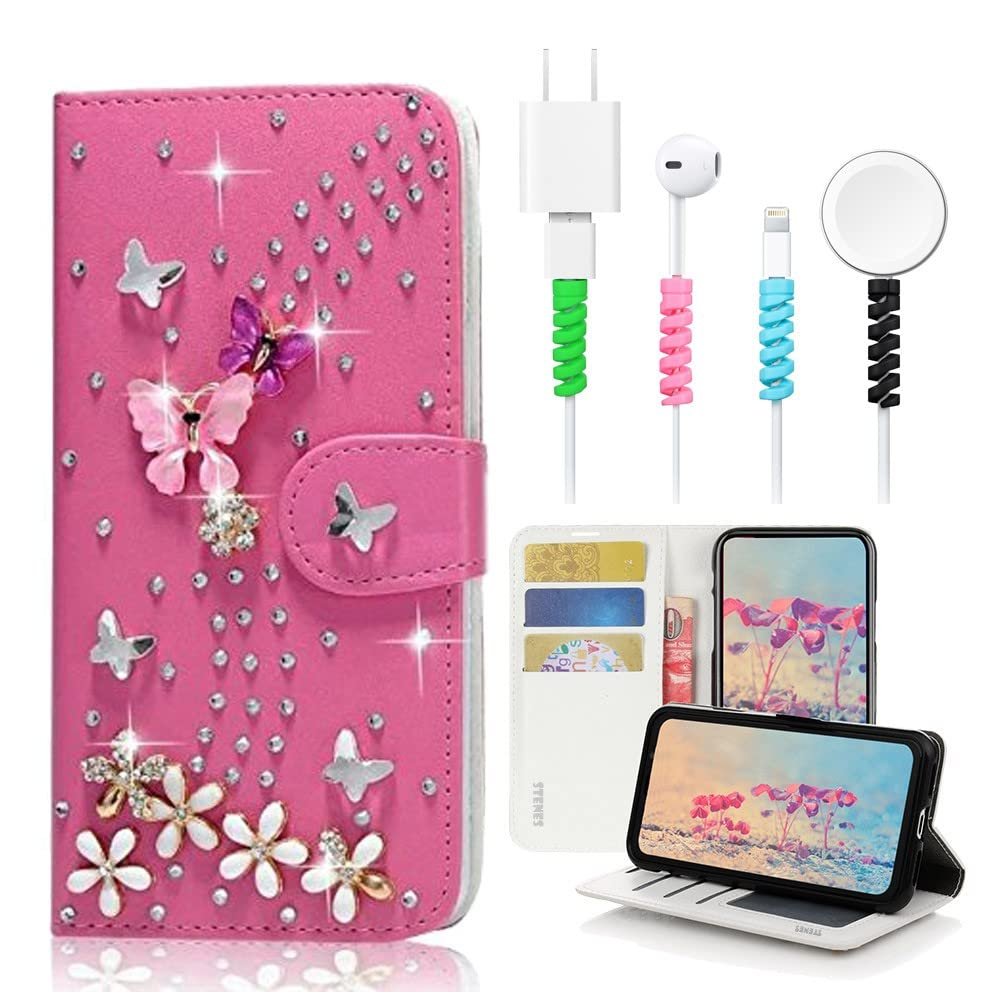 STENES Bling Wallet Case Compatible with iPod Touch 7th Gen (2019) - Stylish - 3D Handmade S-Link Butterfly Floral Leather Cover with Cable Protector [4 Pack] - Hot Red