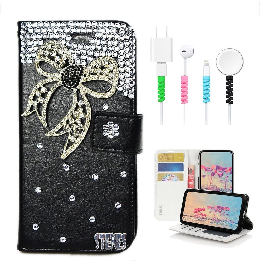 STENES Bling Wallet Case Compatible with iPod Touch 7th Gen (2019) - Stylish - 3D Handmade Bowknot Design Leather Cover with Cable Protector [4 Pack] - Black