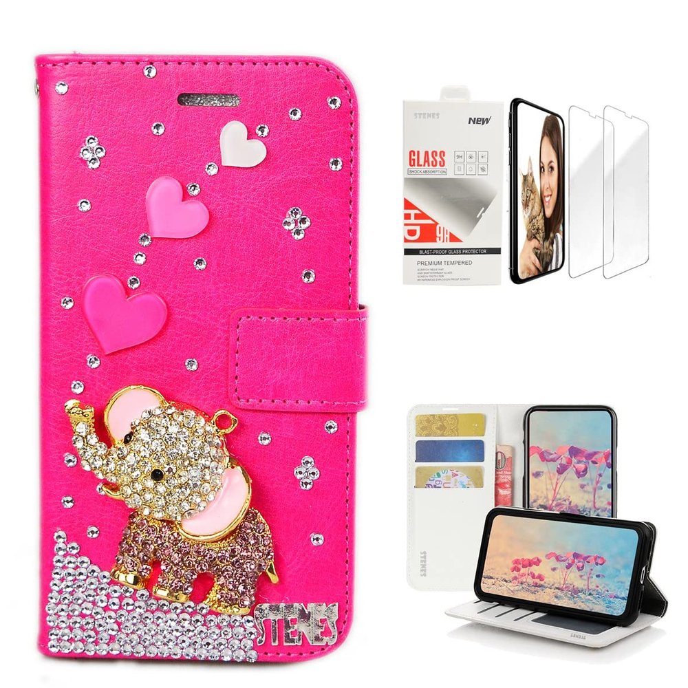 STENES Bling Wallet Case Compatible with iPod Touch 7th Gen (2019) - Stylish - 3D Handmade Heart Cute Elephant Design Leather Case with Wrist Strap & Screen Protector [2 Pack] - Hot Pink