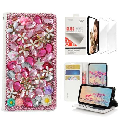 STENES Bling Wallet Case Compatible with iPod Touch 7th Gen (2019) - Stylish - 3D Handmade Flowers Floral Design Leather Case with Wrist Strap & Screen Protector [2 Pack] - Pink